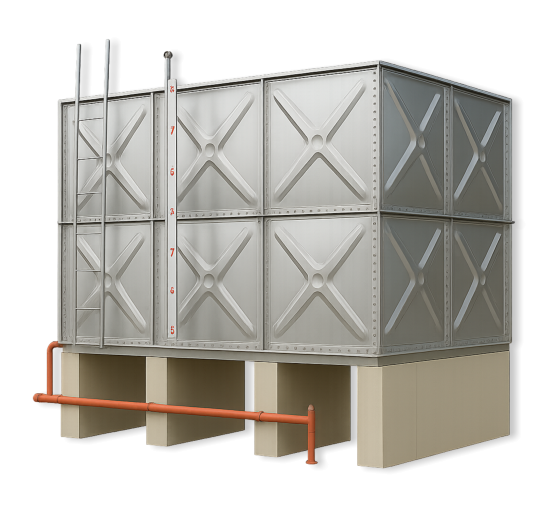 WINKO sectional panel tank with pressed panel geometry, ladder and pipework